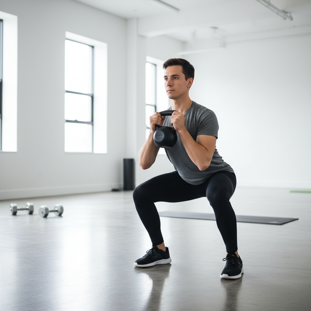 Kettlebell goblet squat setup and bottom position for beginners