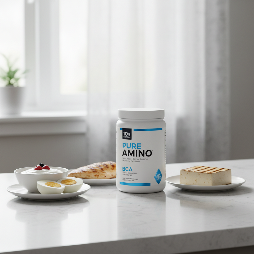 BCAA supplement next to protein-rich foods for muscle recovery context