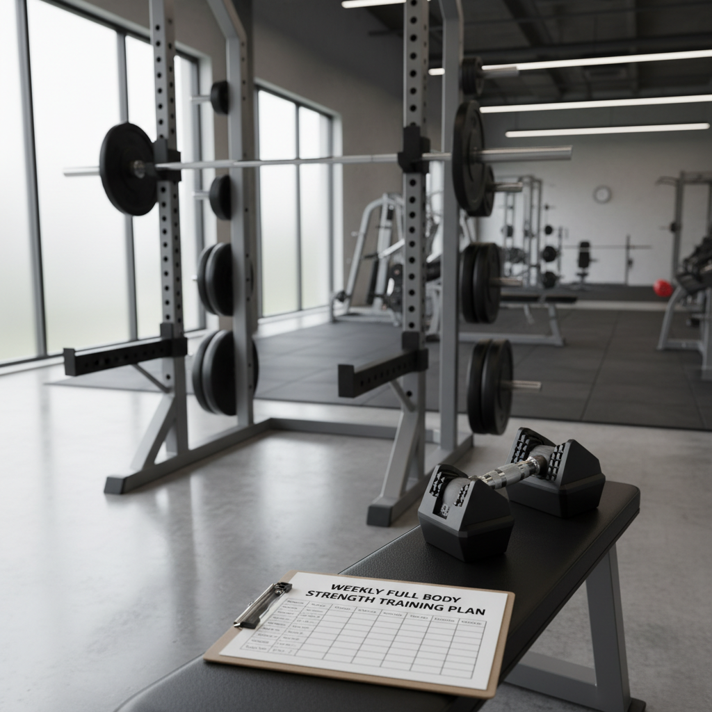 Full body strength training setup with barbell, dumbbells, and workout plan