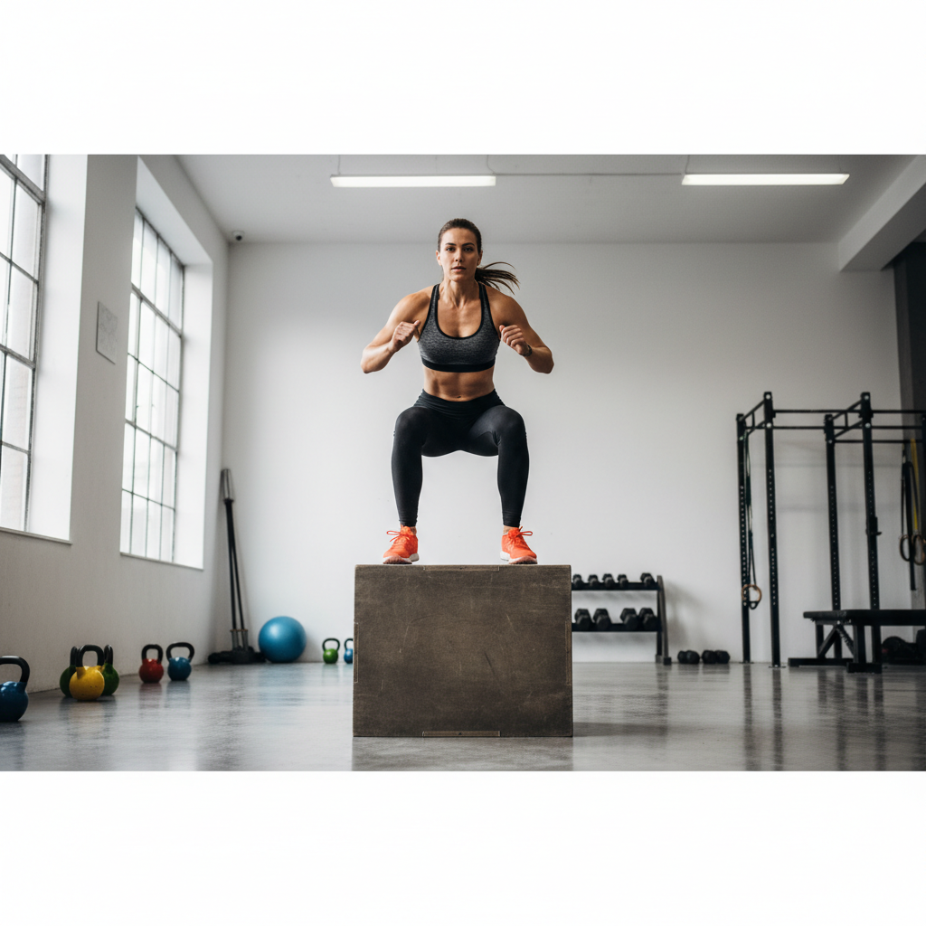 Athlete performing a box jump with proper landing mechanics