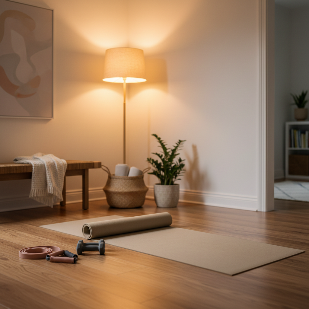 Calming evening fitness routine at home with yoga mat and soft lighting