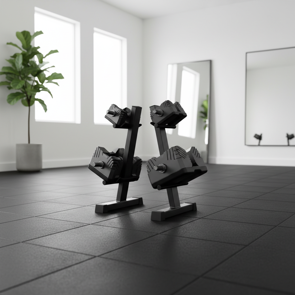 Adjustable dumbbells stored on a stand over rubber gym flooring