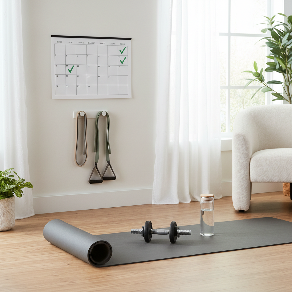 Home workout motivation setup with calendar and dumbbells