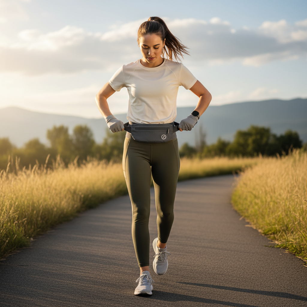 Runner adjusting a running belt fit at the hips to reduce bounce and chafing