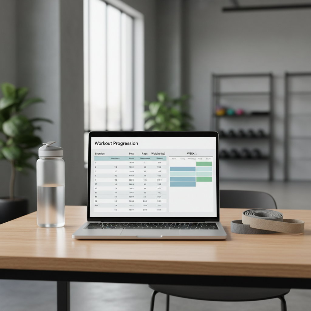 Workout progression table and weekly plan overview on a laptop in a modern gym setting