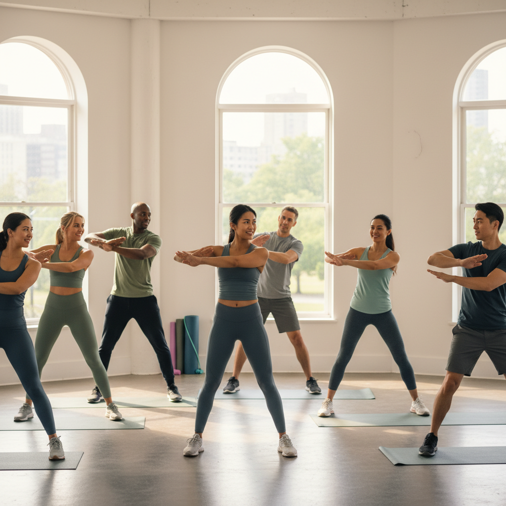 Friendly group fitness class as a supportive stress relief sport environment