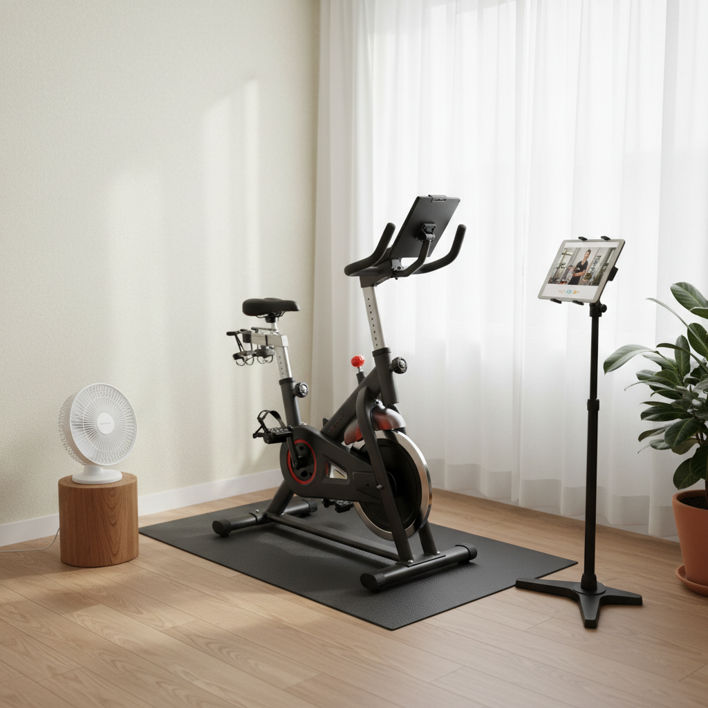 Small-space exercise bike setup with mat, fan, and tablet stand
