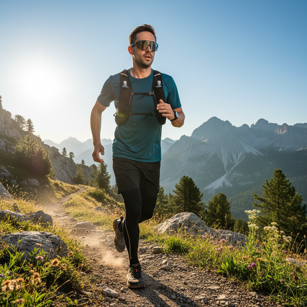 Athlete wearing sport sunglasses during trail run in bright sunlight