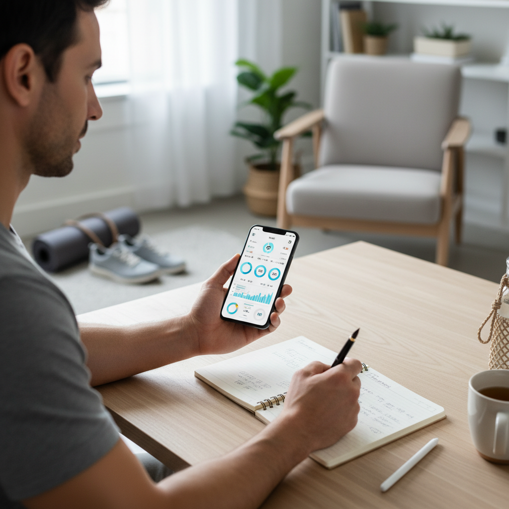 Person reviewing fitness goal tracking dashboard on phone and notebook