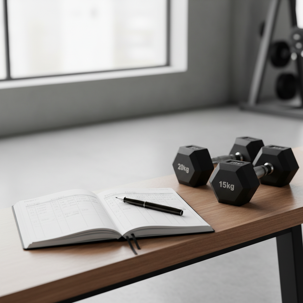 Gym training plan progression using a notebook to track sets reps and weights
