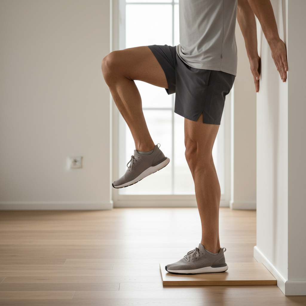 Runner doing calf raise strength exercise at home for shin splints recovery