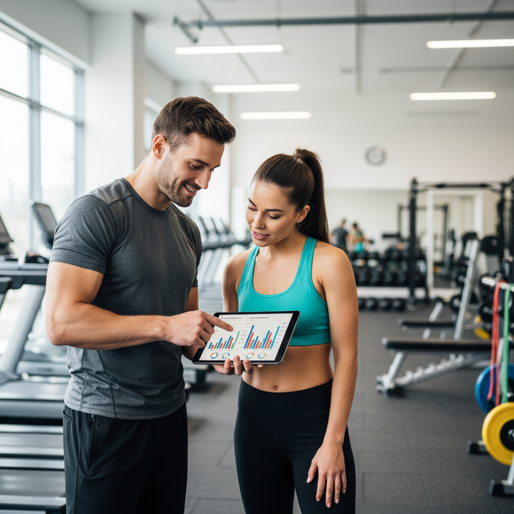 Coach reviewing fitness testing results on a tablet with athlete