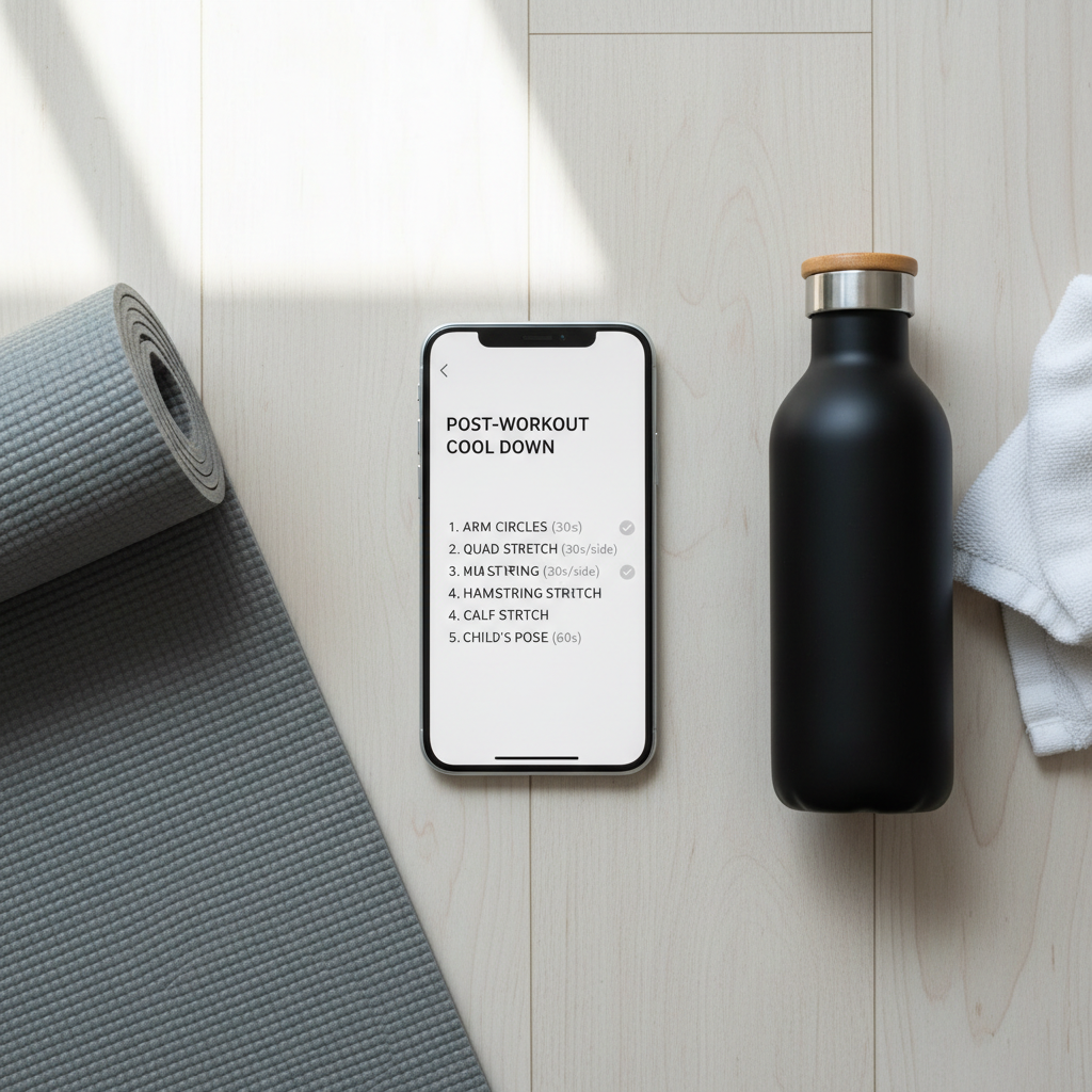 Simple post-workout cool down stretch routine checklist on a phone and yoga mat