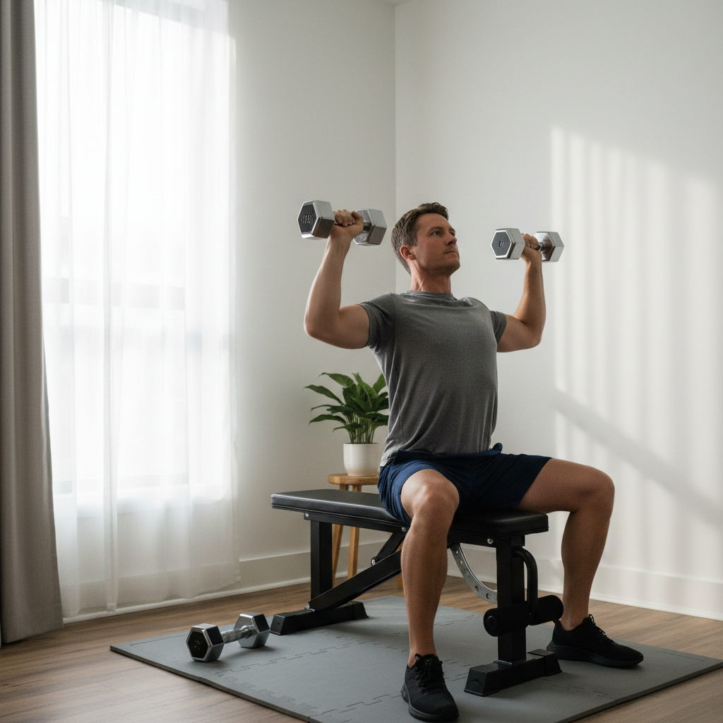 Person doing a dumbbell workout in a compact home gym