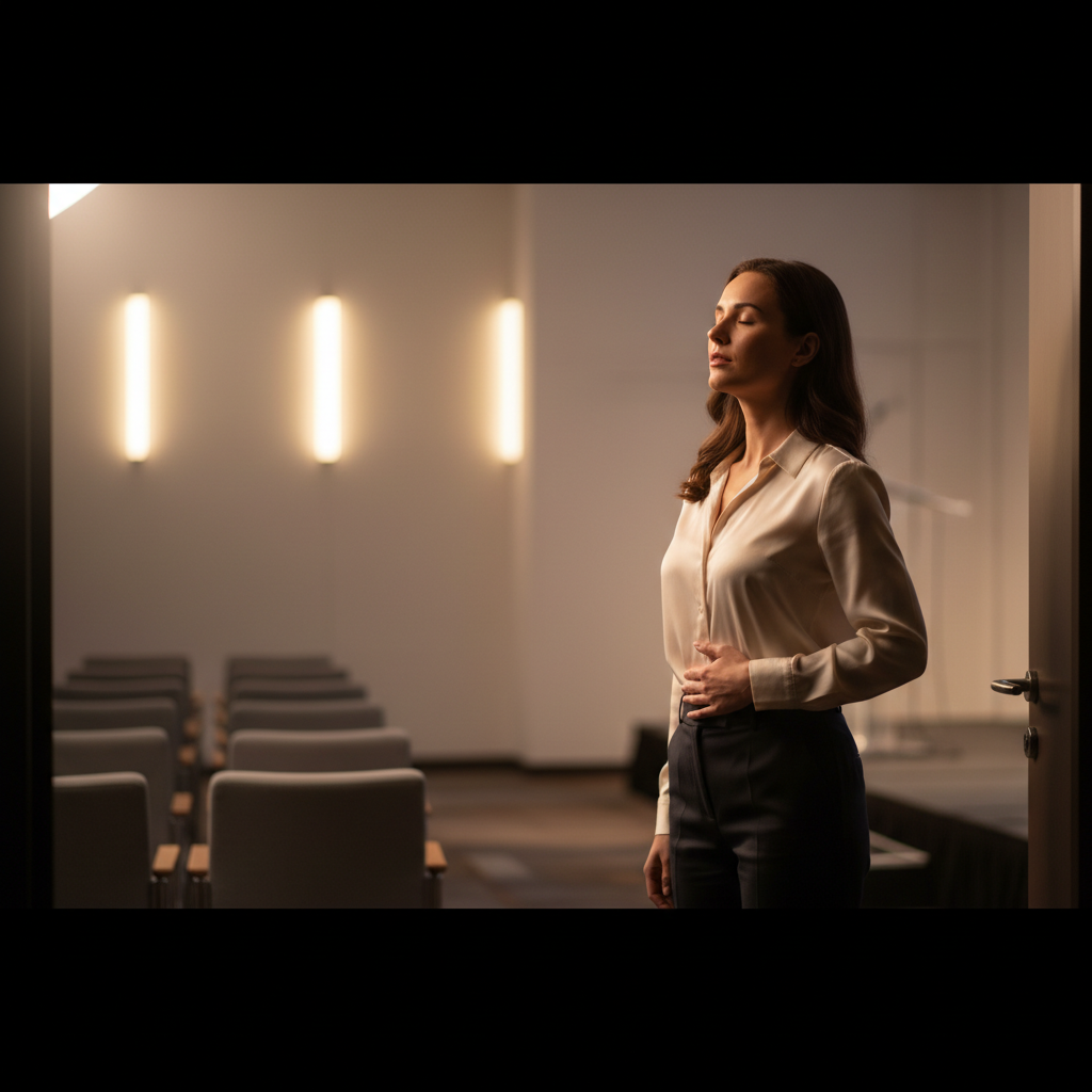 Professional using a breathing technique before a presentation to improve focus and calm