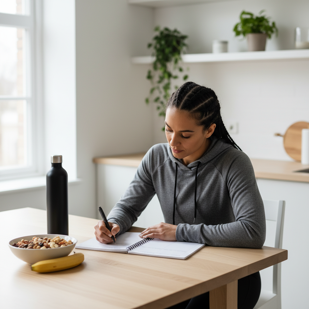 Athlete tracking sleep and recovery with a journal and water bottle nearby