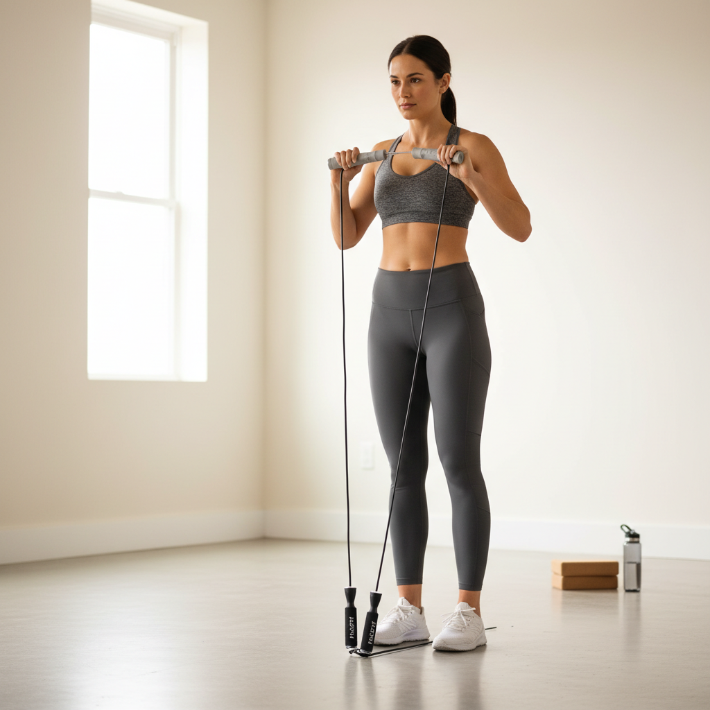 How to size a jump rope for fitness by standing on the rope and lifting handles