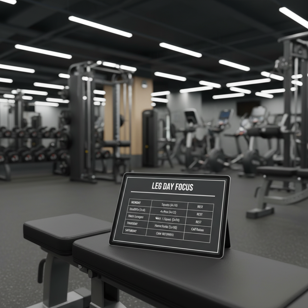 Leg training weekly schedule table shown on a tablet in a gym setting