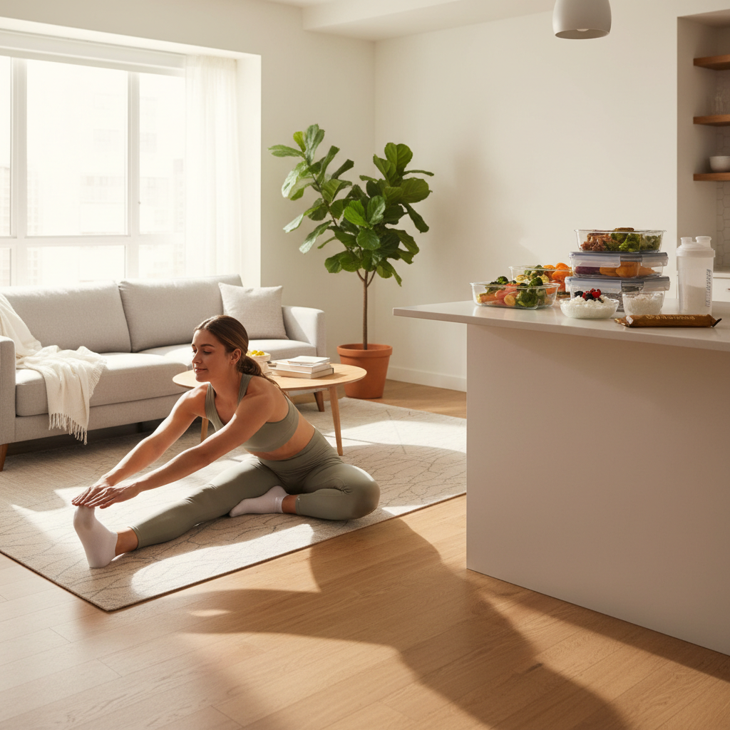 Balanced rest day routine: meal prep, stretching, and good sleep environment
