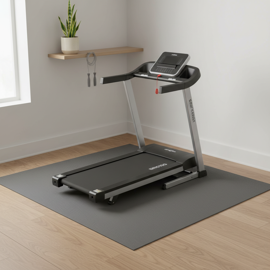 Quiet treadmill setup with vibration mat in a small home gym corner