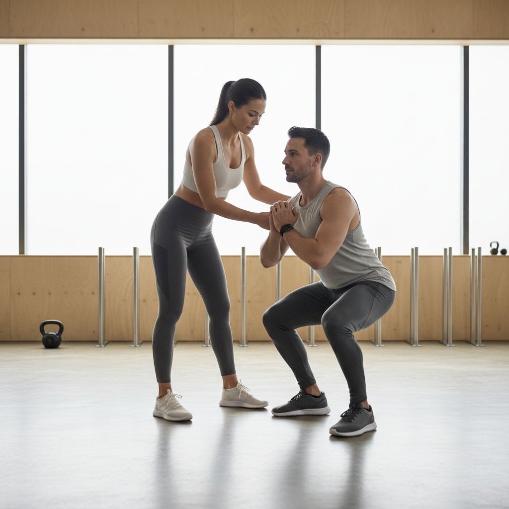 Trainer demonstrating proper squat form for a safe fat loss strength session