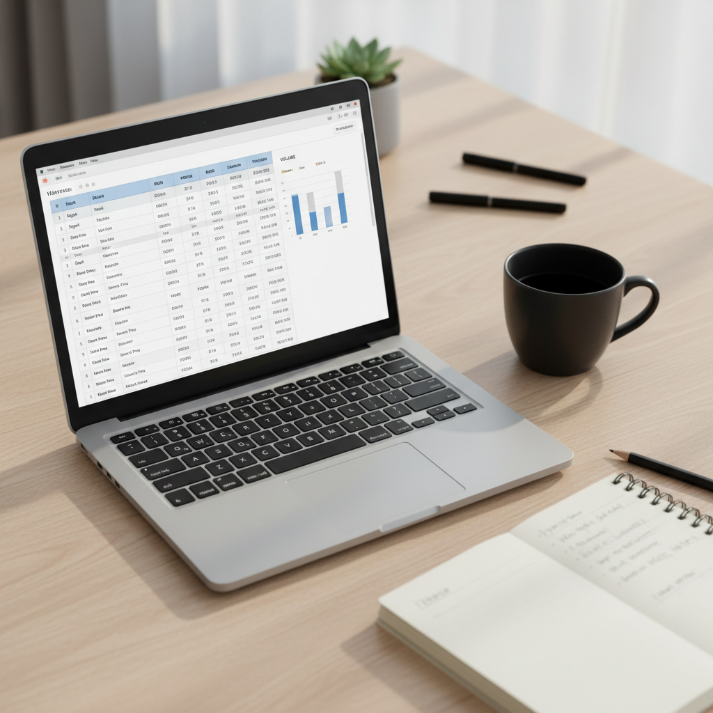 Weekly training log review with laptop spreadsheet and coffee on desk
