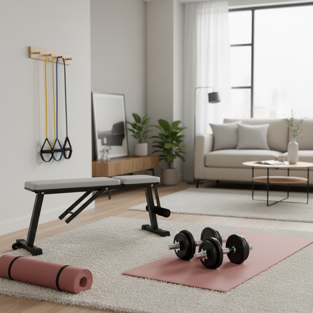 Beginner home gym setup in a small apartment with adjustable dumbbells and a mat