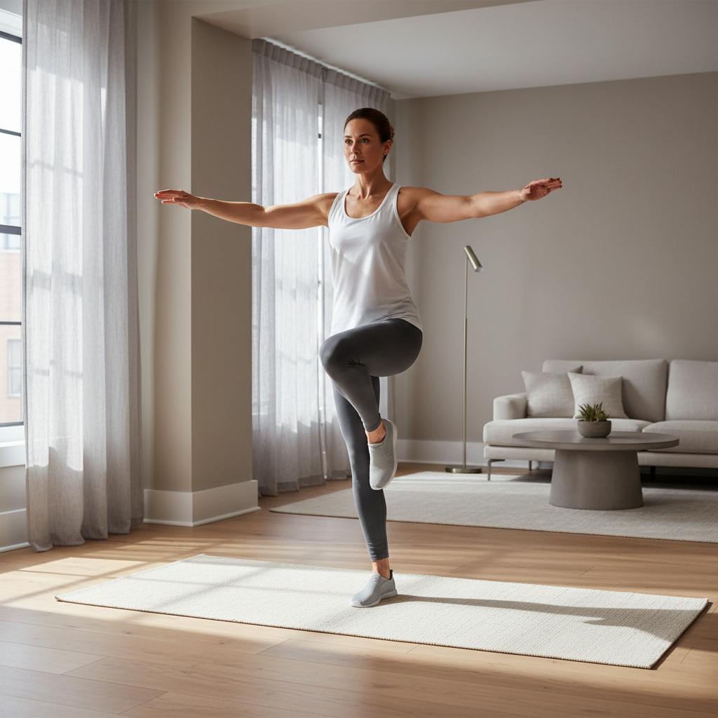 Person doing single-leg balance training at home in a living room