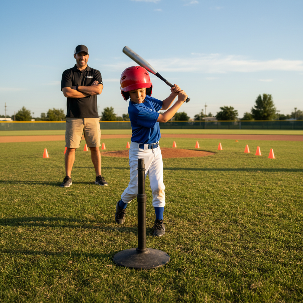 Youth baseball player doing tee hitting drill with cone targets