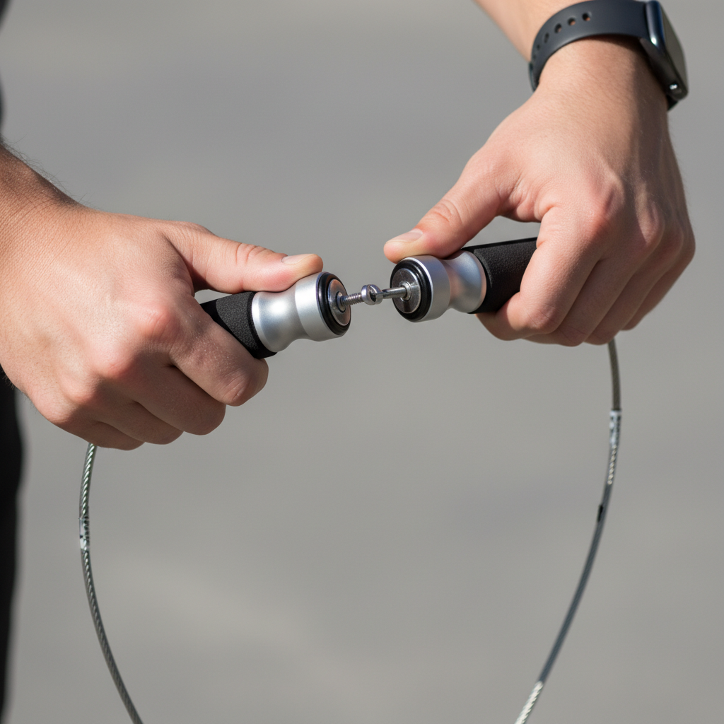 Close-up of hands adjusting jump rope length and setting handles