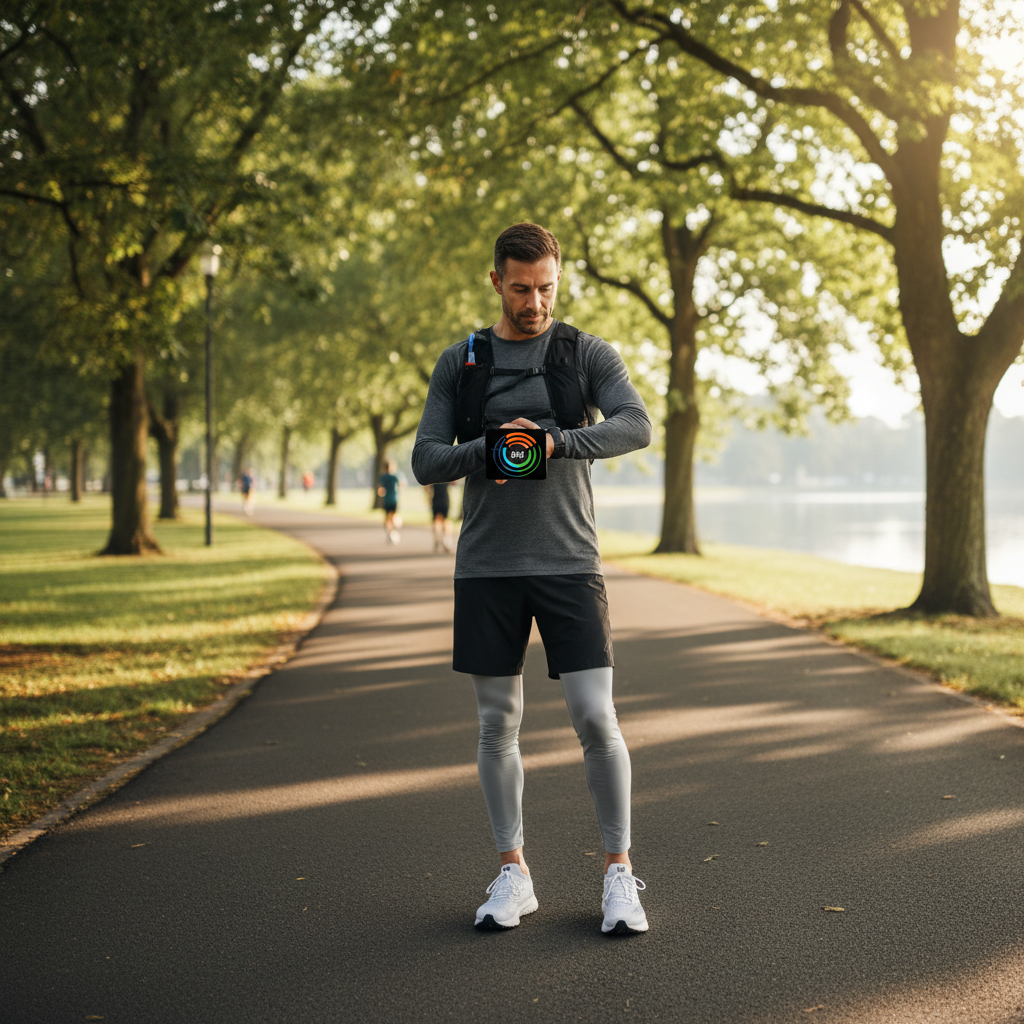 Runner checking smartwatch heart rate training zones outdoors
