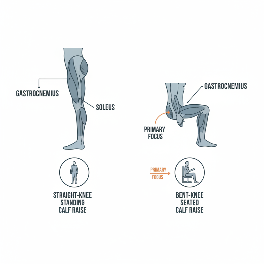 Diagram-style view of calf muscles during straight-knee and bent-knee raises