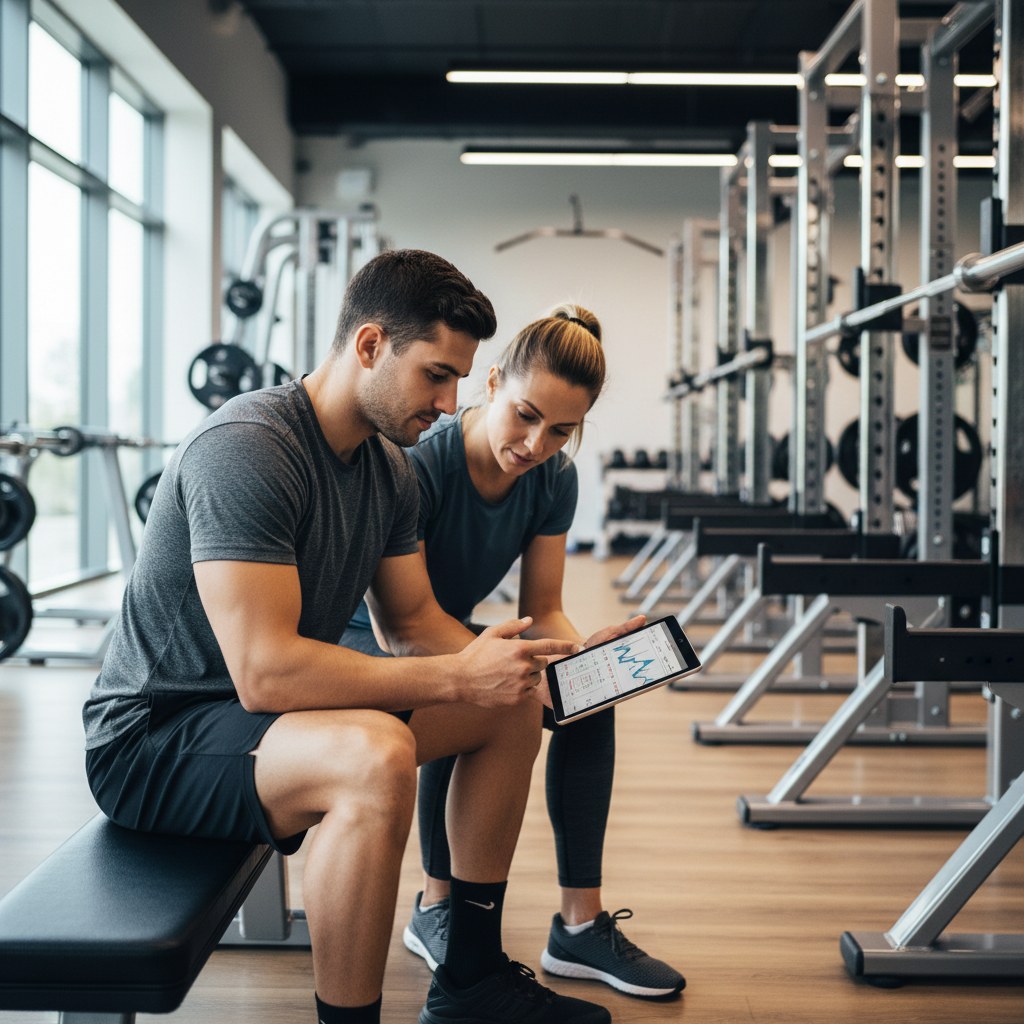 Coach reviewing a training log with an athlete in a gym setting