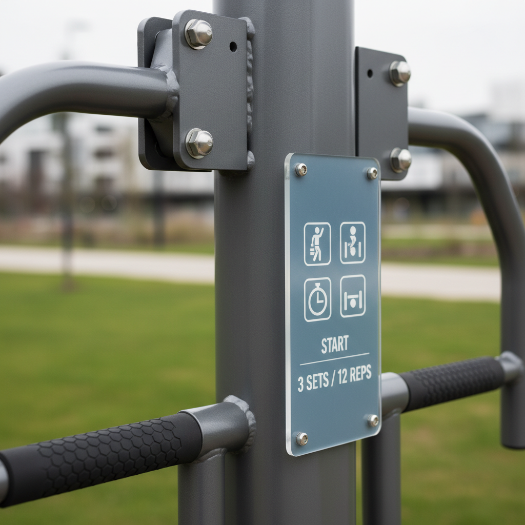 Close-up of weather-resistant outdoor fitness gear hardware and instruction signage