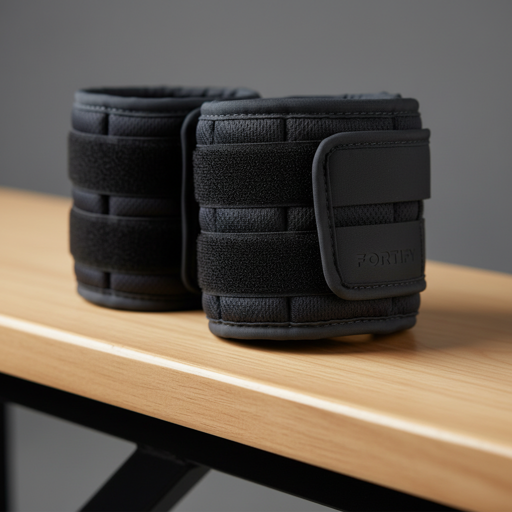 Close-up of adjustable wrist weights with secure straps on a gym bench