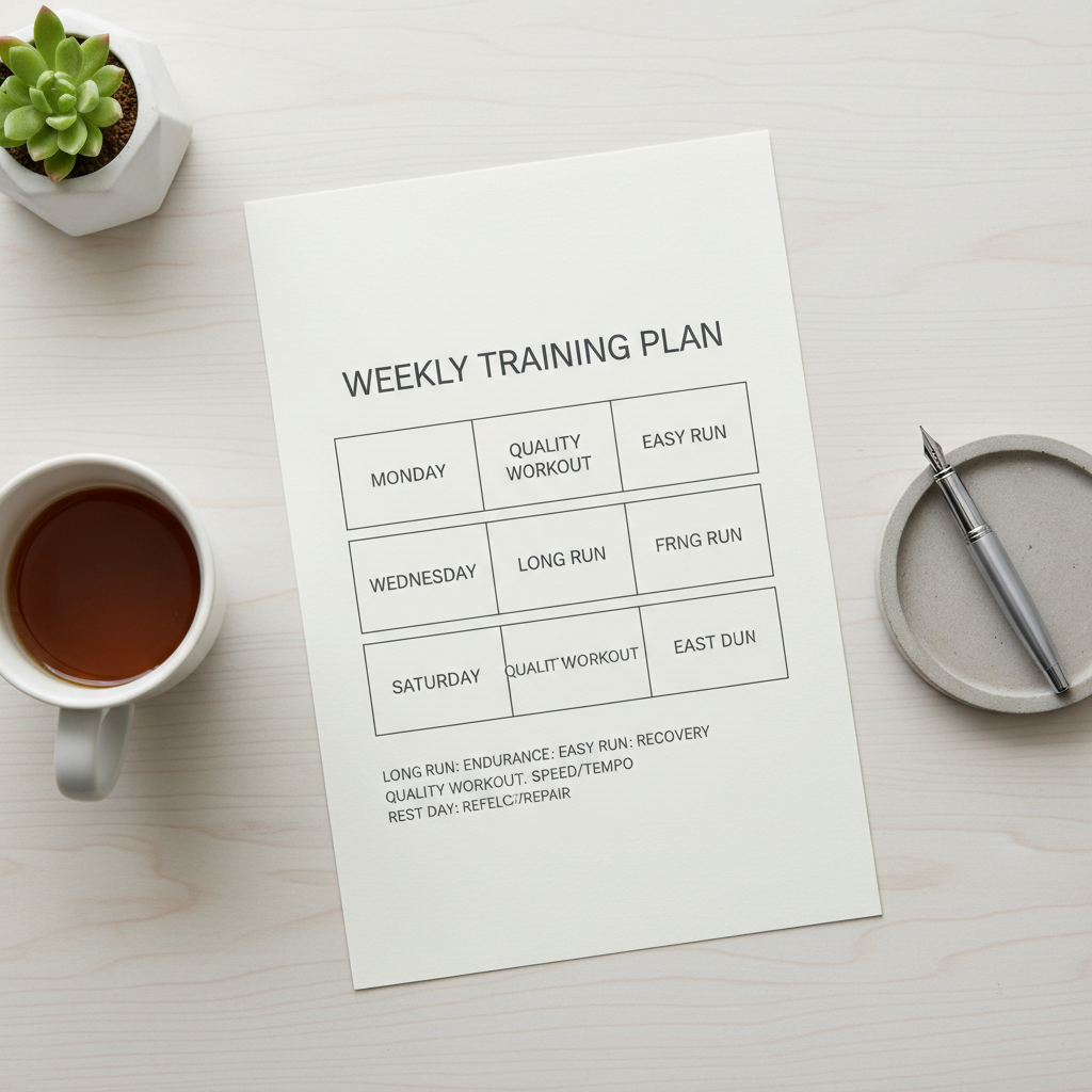 Simple weekly running plan layout showing long run, easy runs, and one quality workout