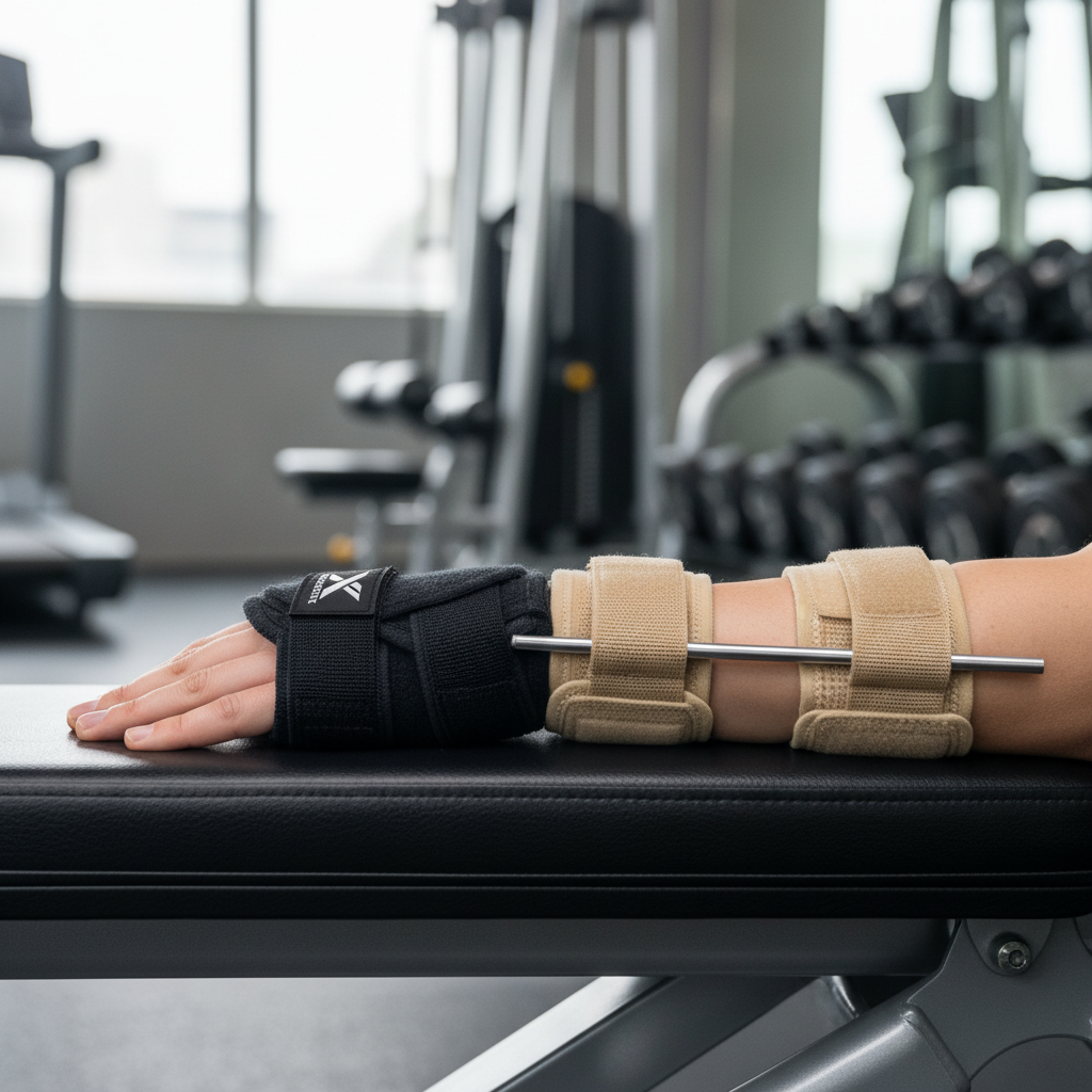 Comparison of wrist wraps and wrist brace on a gym bench