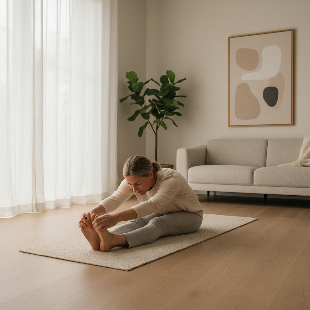 Beginner-friendly yoga flexibility stretching on a mat at home