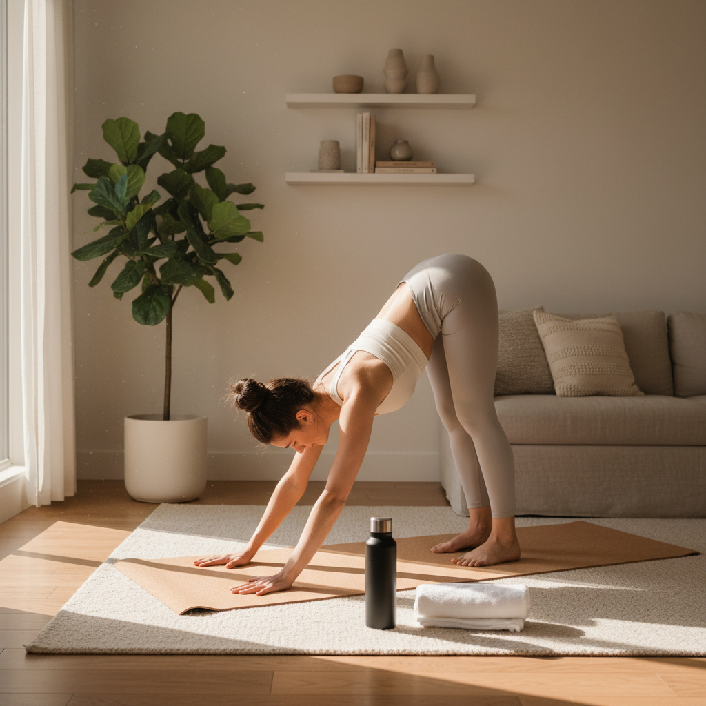 Beginner doing yoga at home on a mat in a small living room