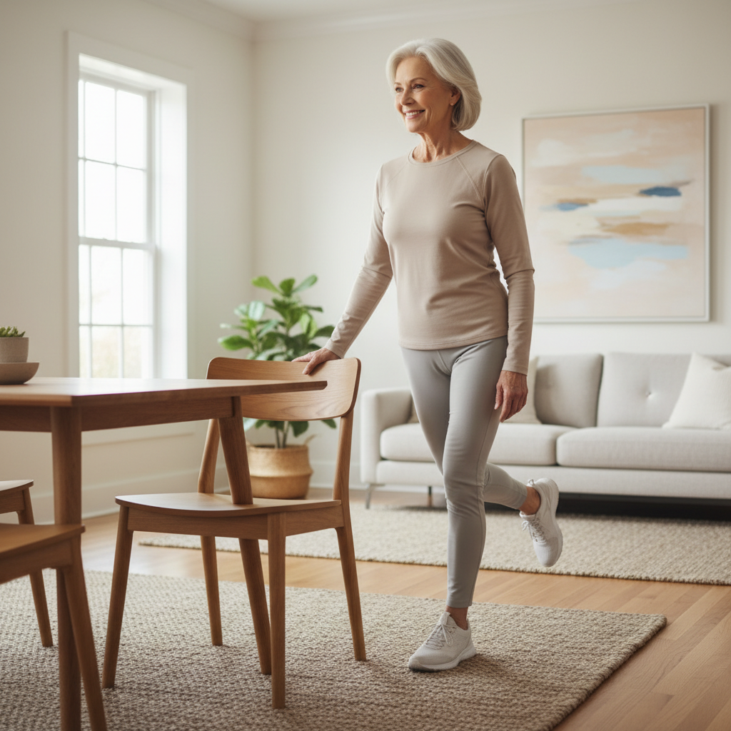 Older adult doing safe mobility exercises at home with a sturdy chair for support