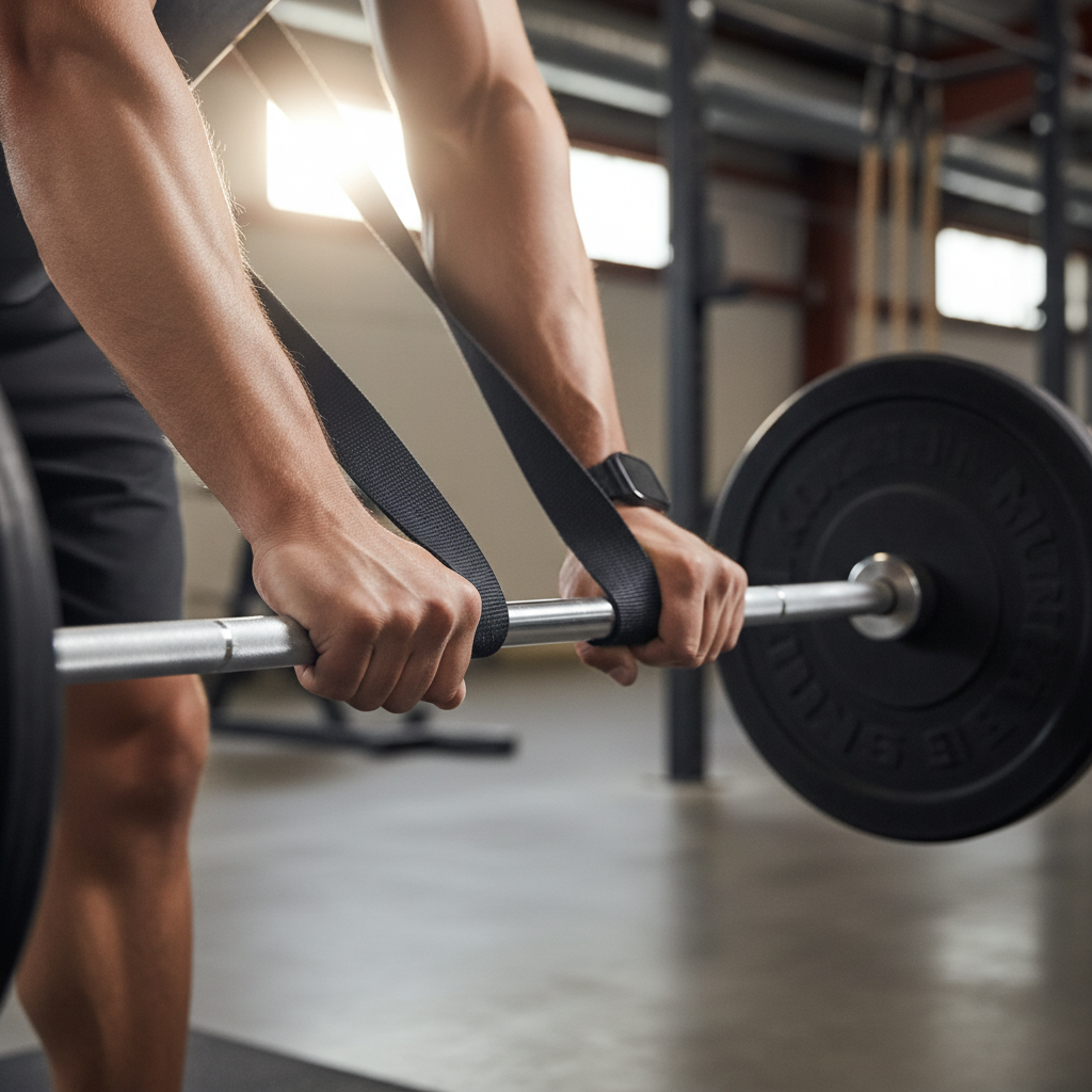 Lifting straps wrapped around a barbell for deadlift support