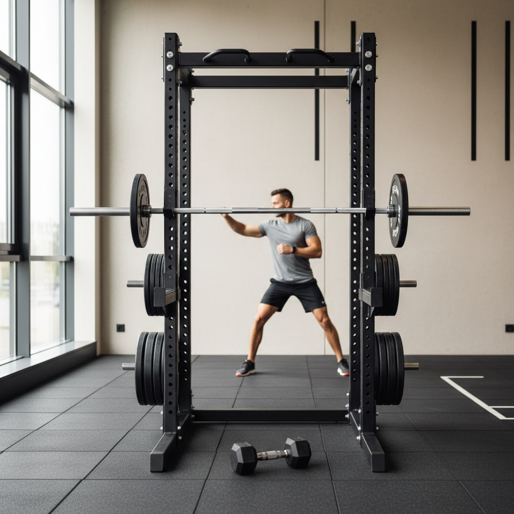 Strength training session with squat rack and free weights for intermediate fitness