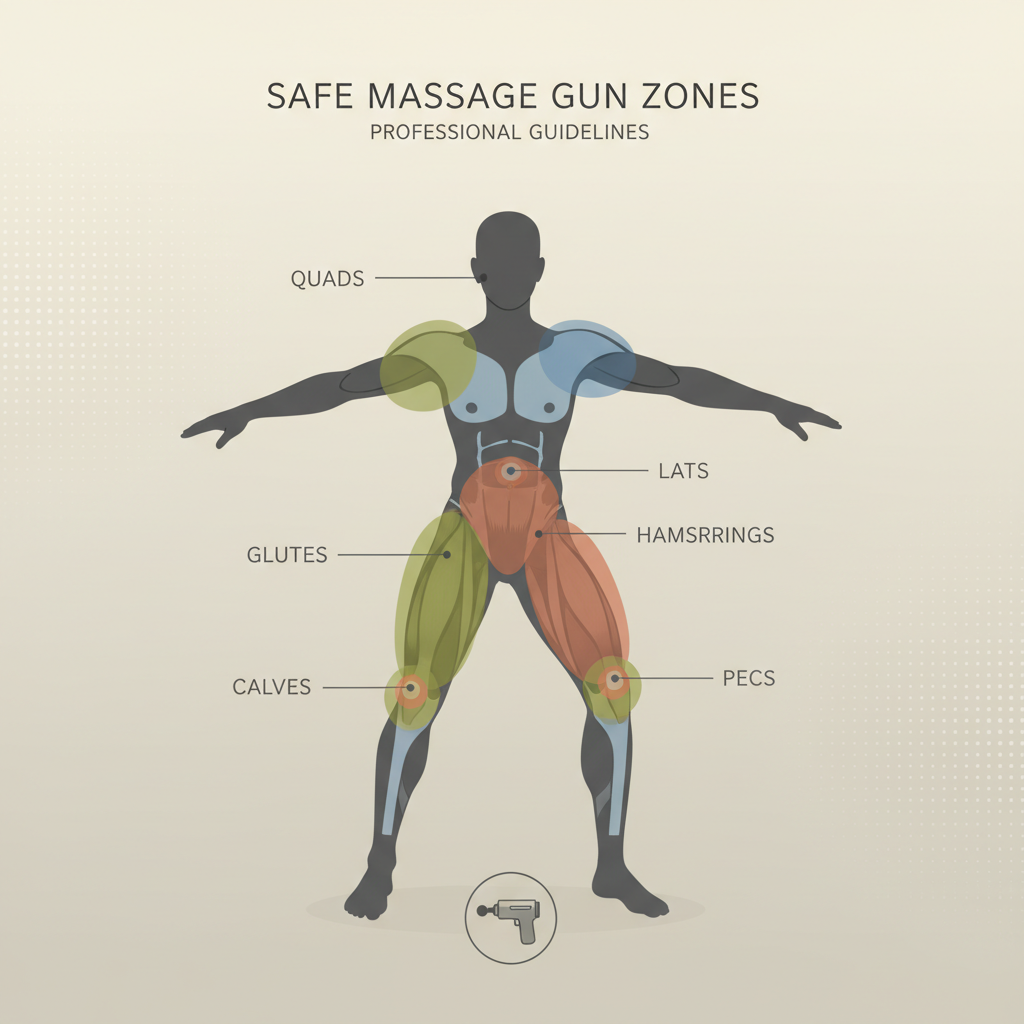 Safe massage gun placement on major muscle groups infographic style