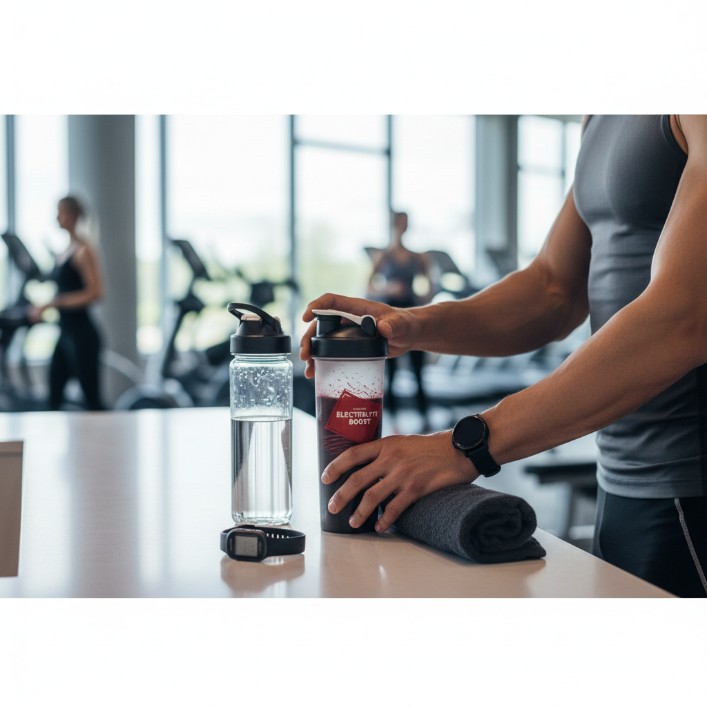 Athlete preparing water and electrolyte drink before a gym workout