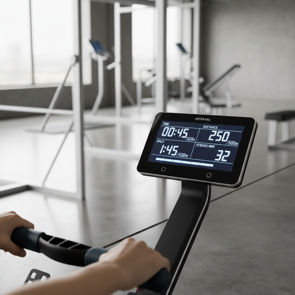 Rowing machine monitor showing interval workout with split time and stroke rate