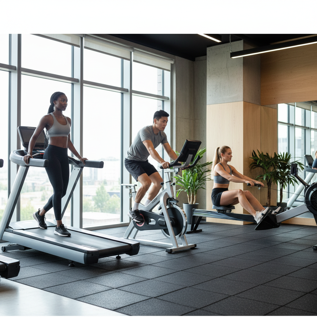 Beginner cardio training options like walking, cycling, and rowing in a gym