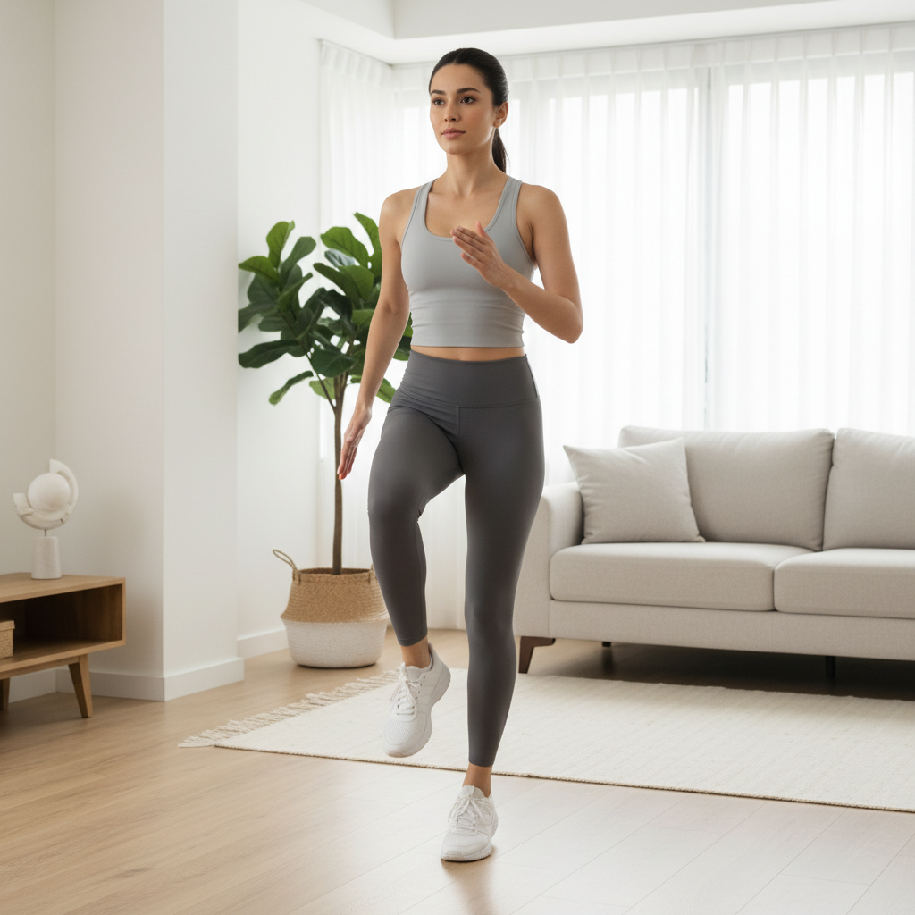 Low-impact home cardio move demonstration with joint-friendly form