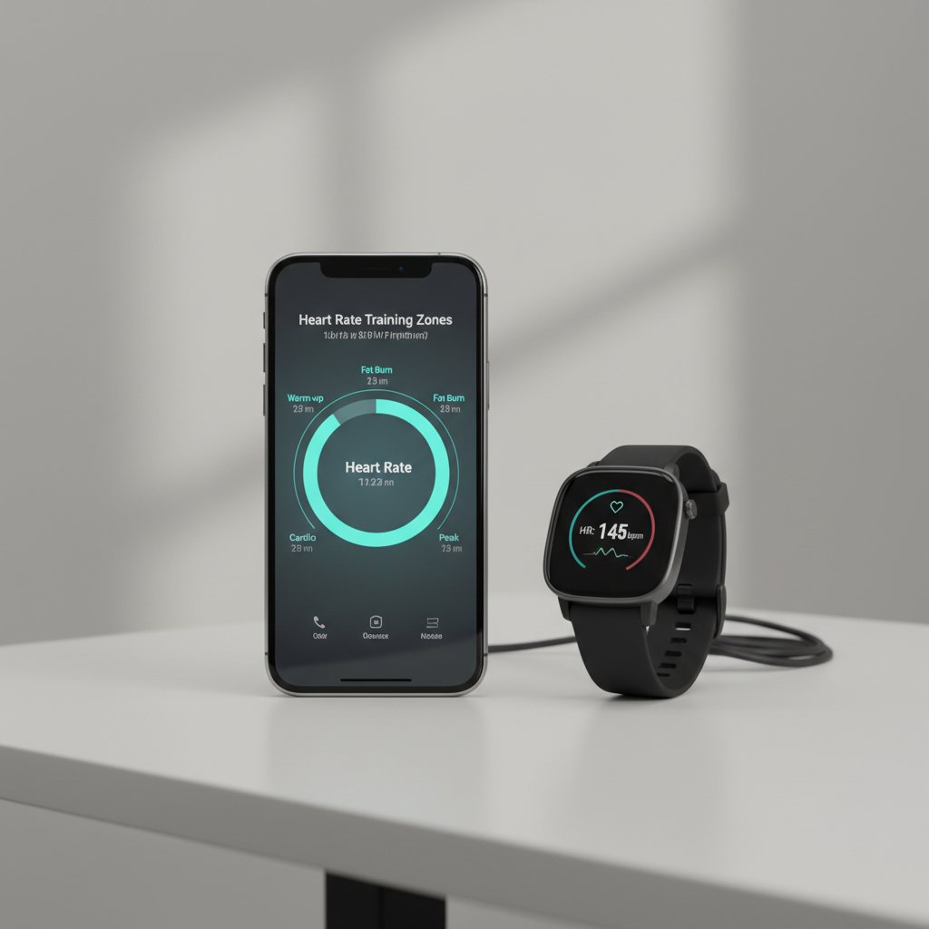 Heart rate training zone chart on a phone with smartwatch on table