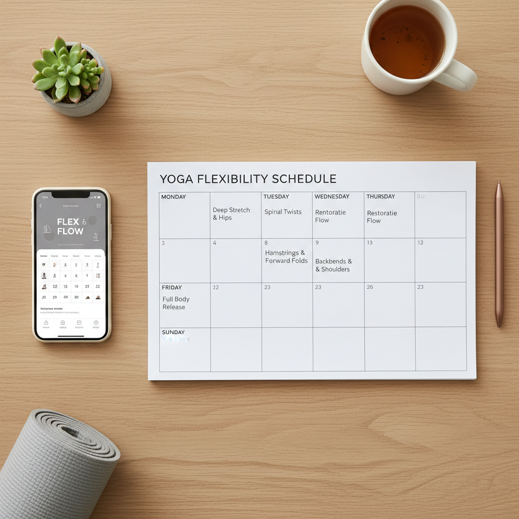 Weekly yoga for flexibility plan on a calendar with short sessions highlighted