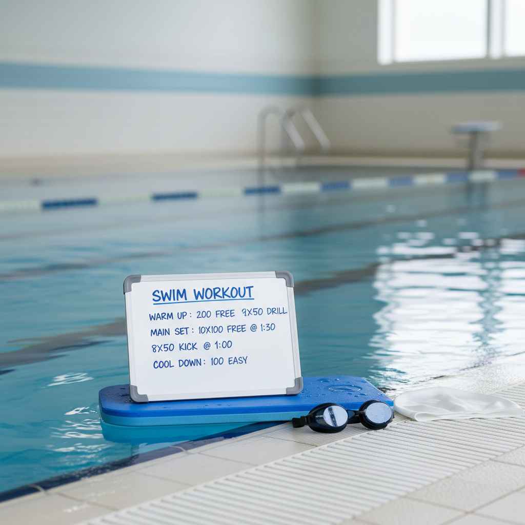 Swim workout plan on a kickboard showing intervals for swimming fitness
